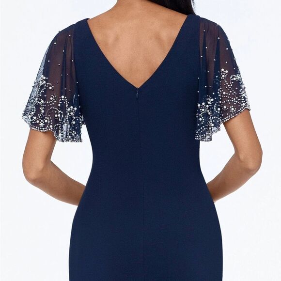Betsy & Adam A24004P Short Rouched Crepe w/Beaded Flutter Sleeve Dress $259 - Picture 3 of 6